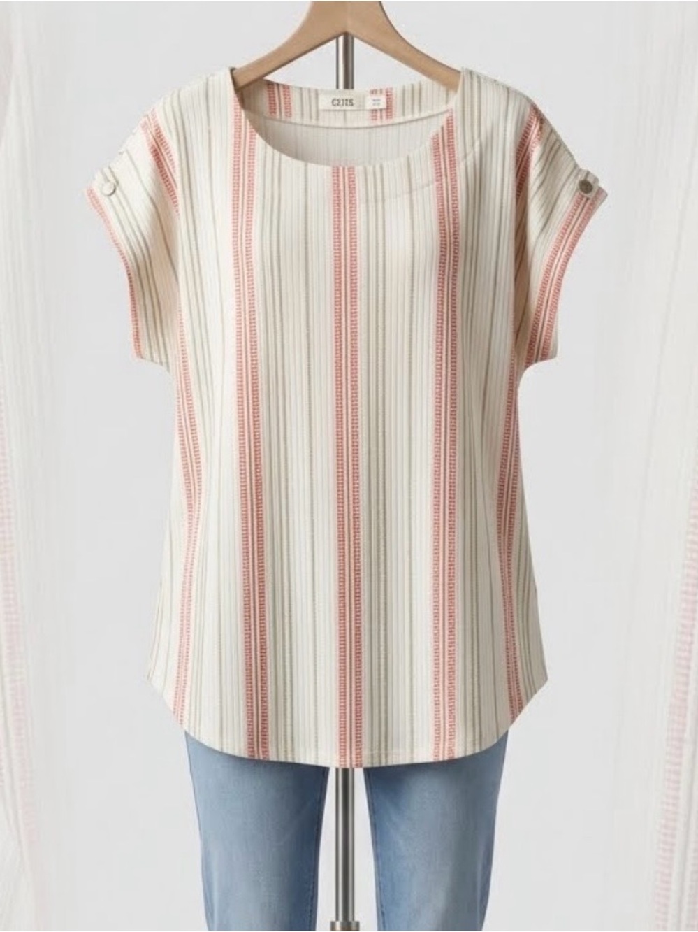 3/$25 CURE Women's Short-Sleeve Striped Tunic in Cream and Coral